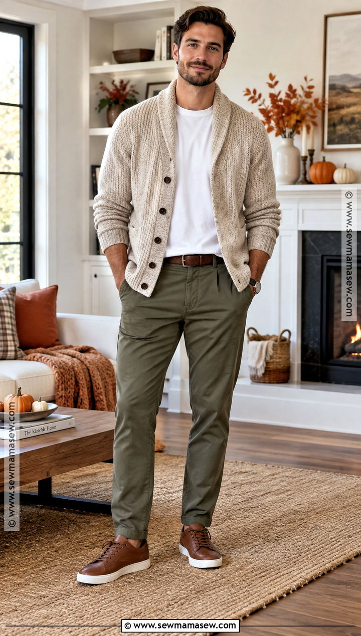 Thanksgiving Cardigan Outfit With Relaxed Trousers - 15 Thanksgiving Outfit Men Fall Ideas