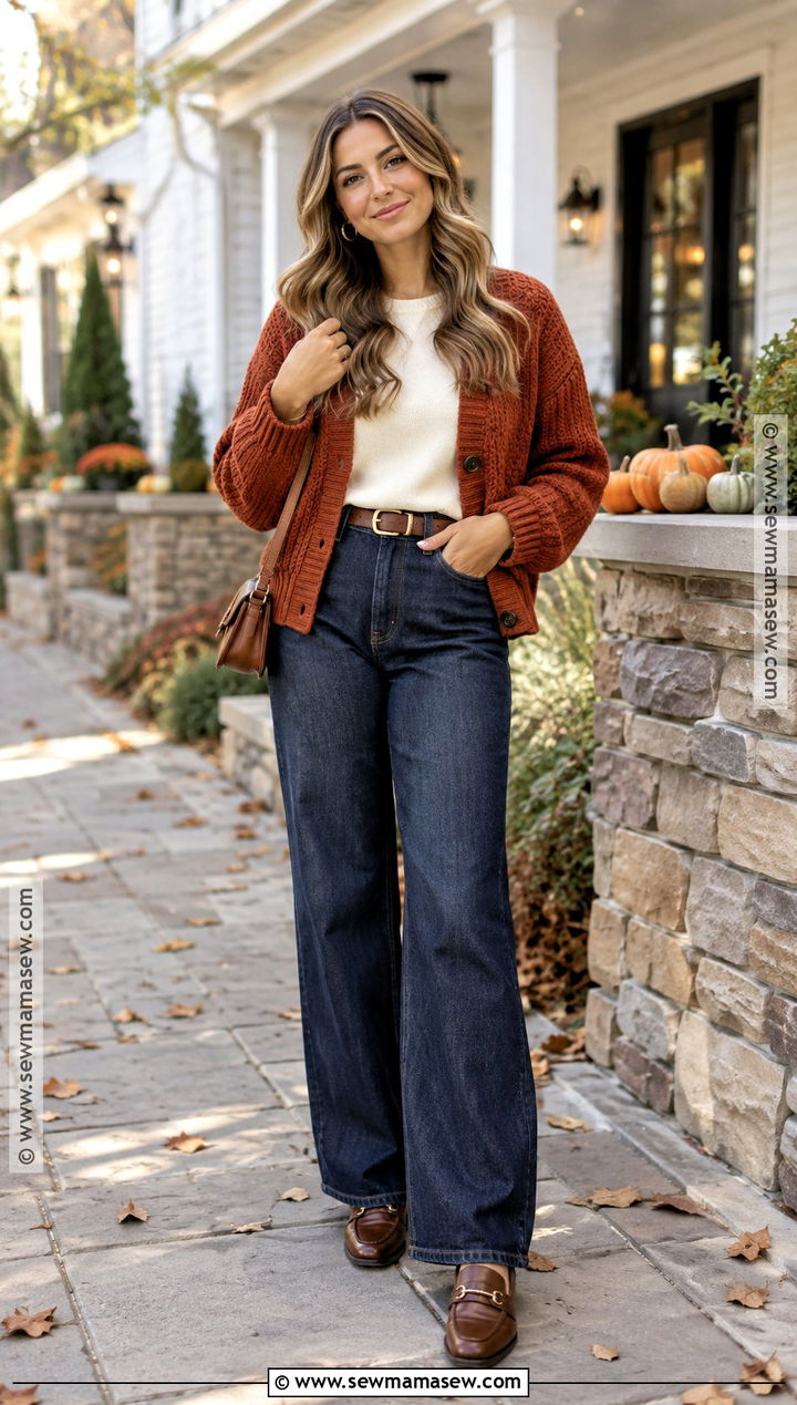 Thanksgiving Cardigan With Wide Leg Jeans - 15 outfits to wear for thanksgiving