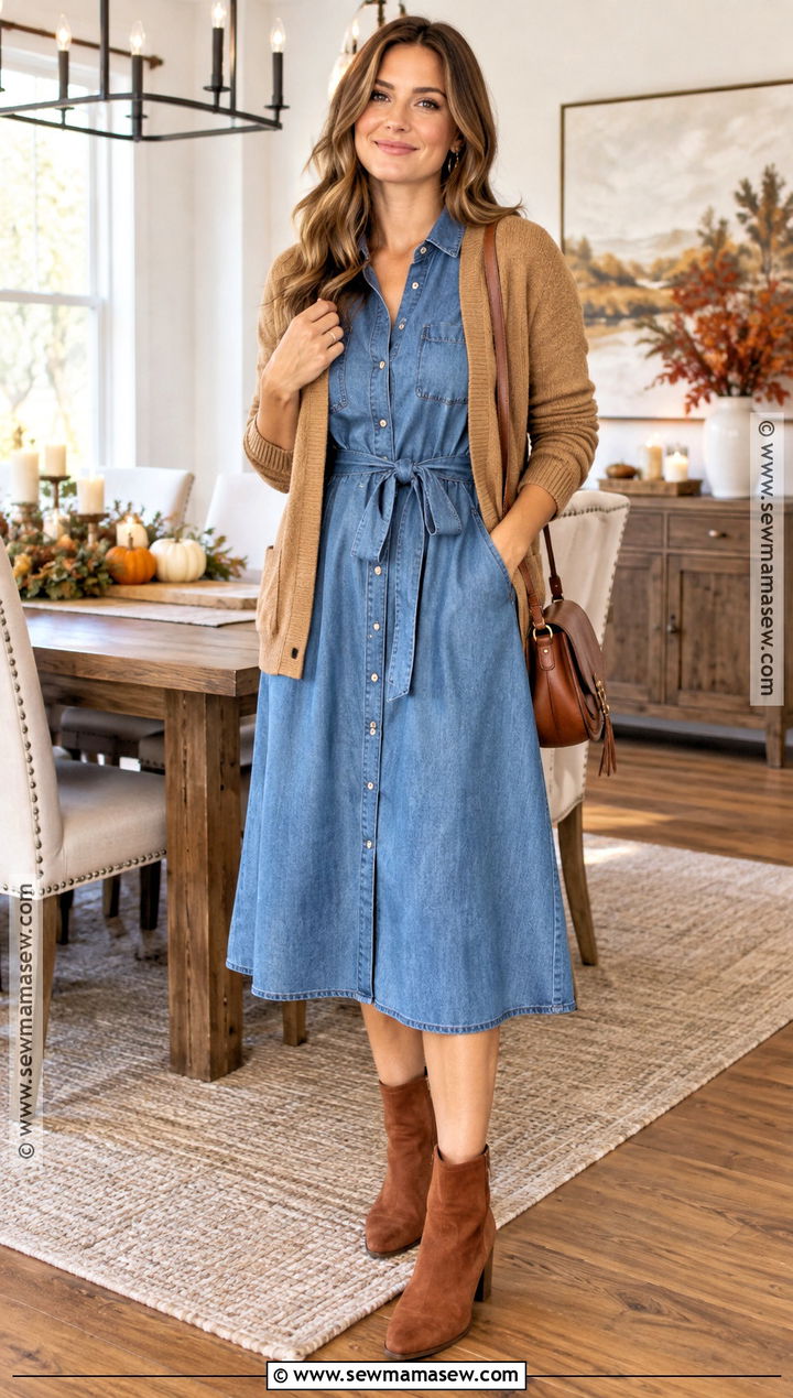 Thanksgiving Chambray Dress And Ankle Boots Outfit - 20 Thanksgiving Outfit Casual Comfy Ideas