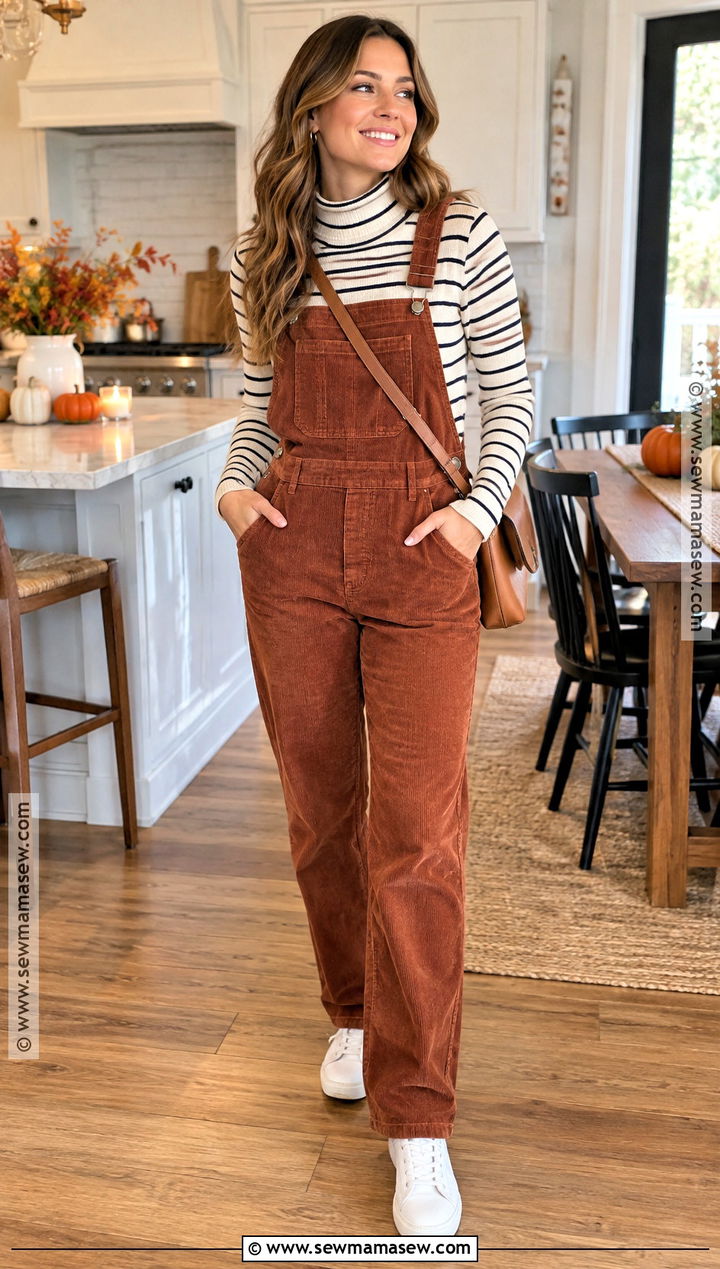 Thanksgiving Corduroy Overalls And Turtleneck Outfit - 20 cute thanksgiving outfits for women