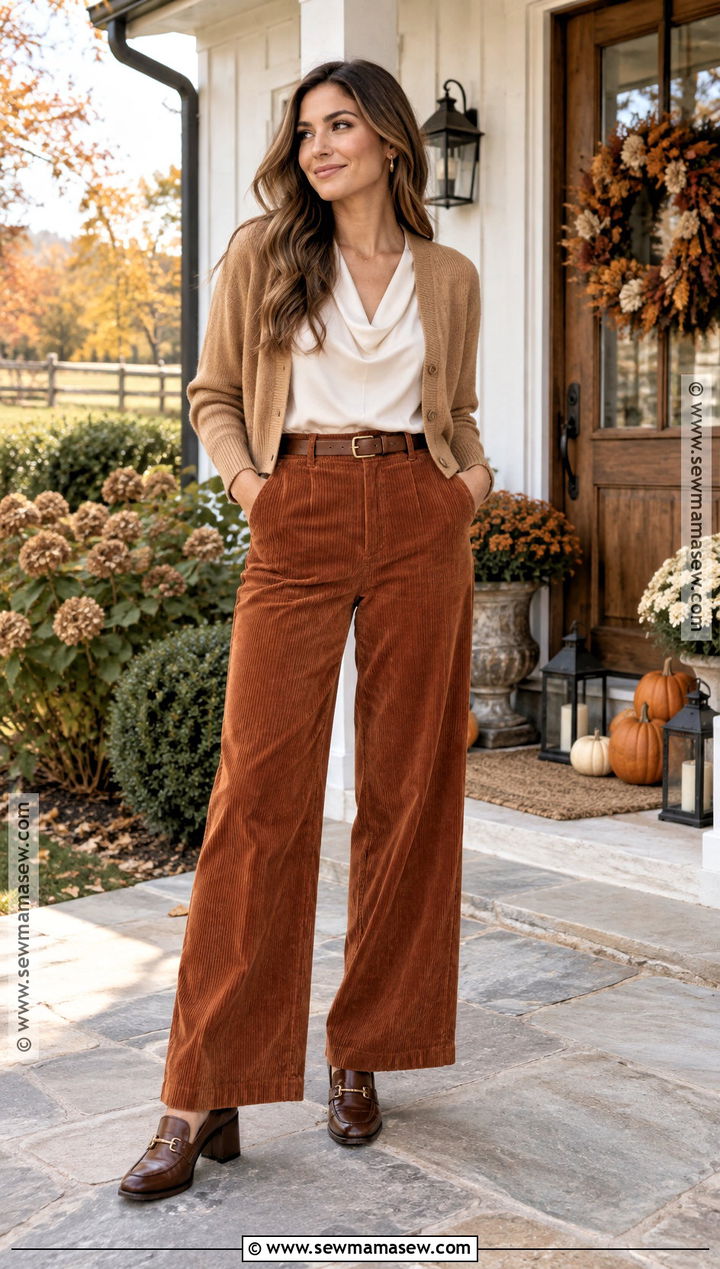 Thanksgiving Corduroy Pants And Blouse Outfit - 20 thanksgiving fashion ideas