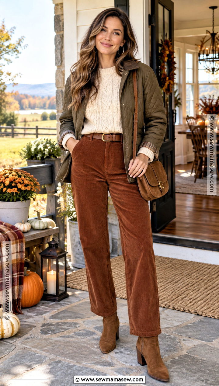 Thanksgiving Corduroy Pants And Cable Knit Sweater Outfit - 20 Thanksgiving Dinner Outfit Ideas