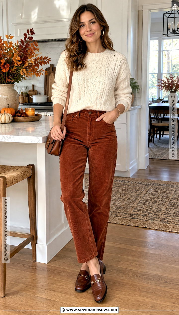 Thanksgiving Corduroy Pants And Cream Sweater Outfit - 25 outfits for thanksgiving