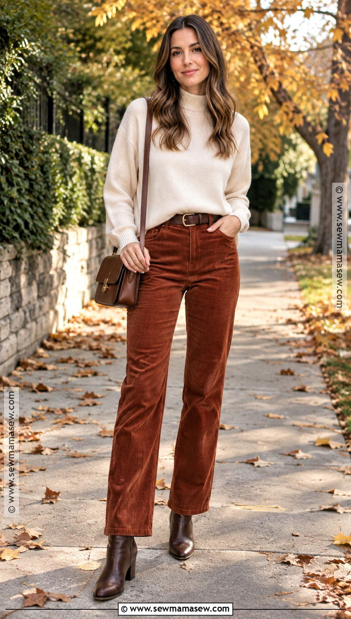 Thanksgiving Corduroy Pants With A Cream Sweater - 20 Cute Outfits For Thanksgiving