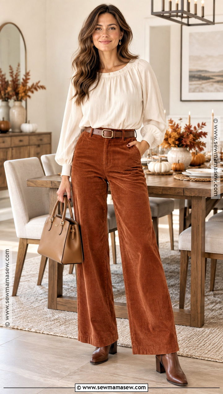 Thanksgiving Corduroy Pants With Ivory Blouse - 15 thanksgiving party outfit ideas for women