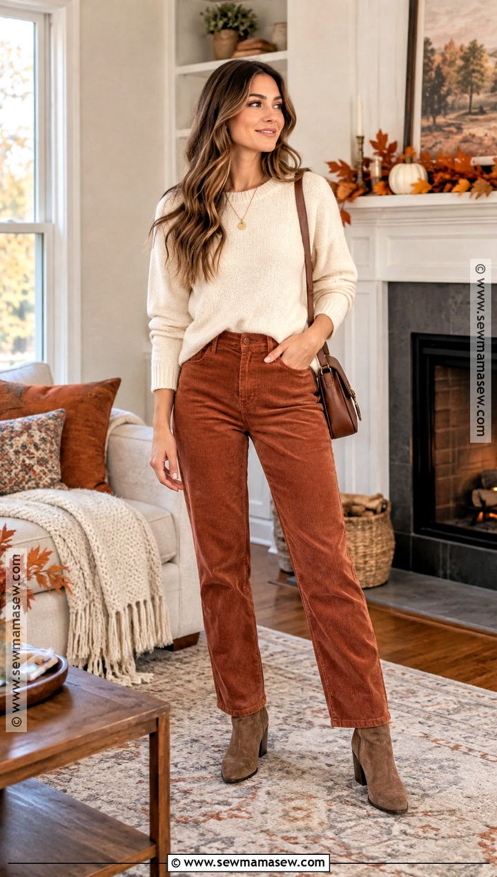 Thanksgiving Corduroy Pants and Crewneck Sweater Outfit - 20 Thanksgiving Outfit Simple Ideas