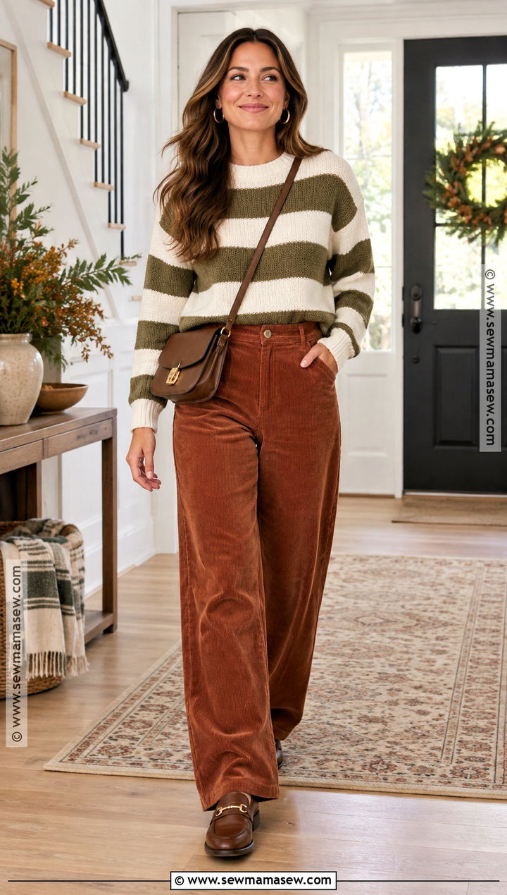Thanksgiving Corduroy Pants and Striped Sweater Outfit - 20 Thanksgiving Casual Outfit Ideas for Women