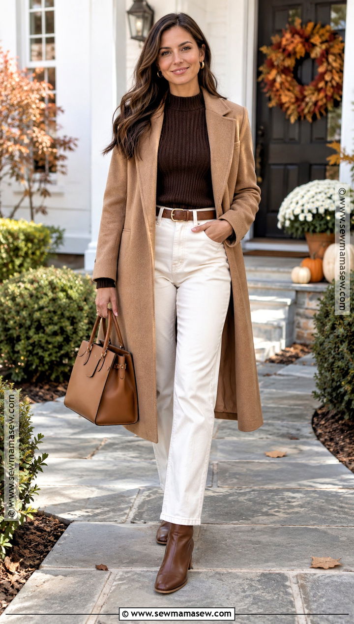 Thanksgiving Cream Jeans And Camel Coat Outfit - 20 Outfit For Thanksgiving Dinner Ideas