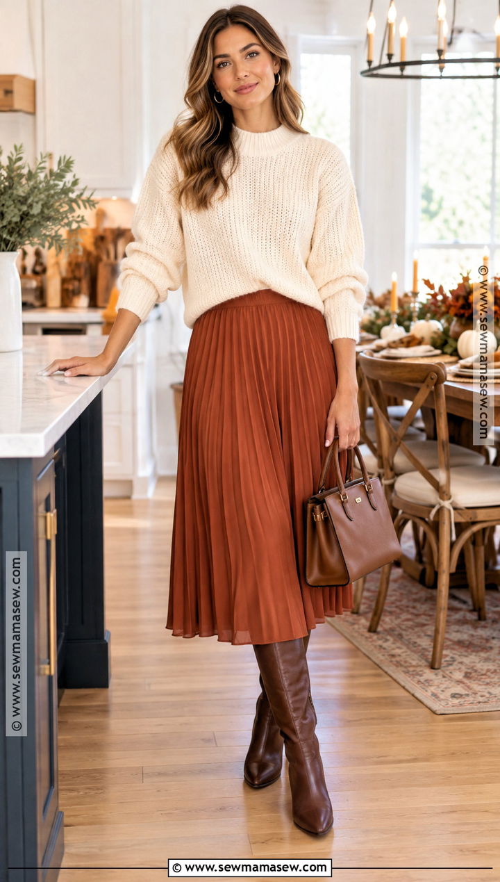 Thanksgiving Cream Sweater And Midi Skirt Outfit - 25 thanksgiving outfit ideas