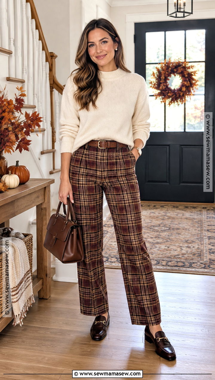Thanksgiving Cream Sweater And Plaid Pants Outfit - 25 Trendy Thanksgiving Outfits