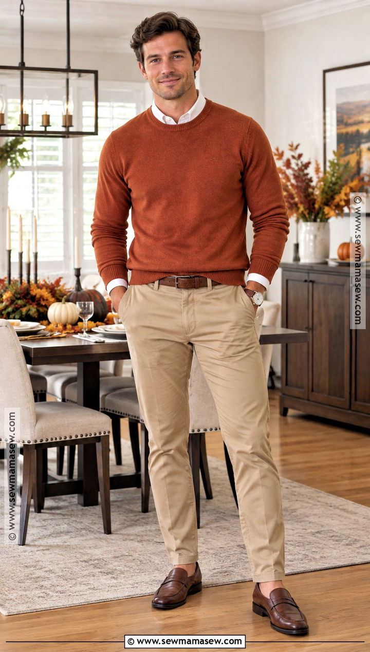 Thanksgiving Crewneck Sweater Outfit With Khakis - 15 Thanksgiving Outfit Men Fall Ideas