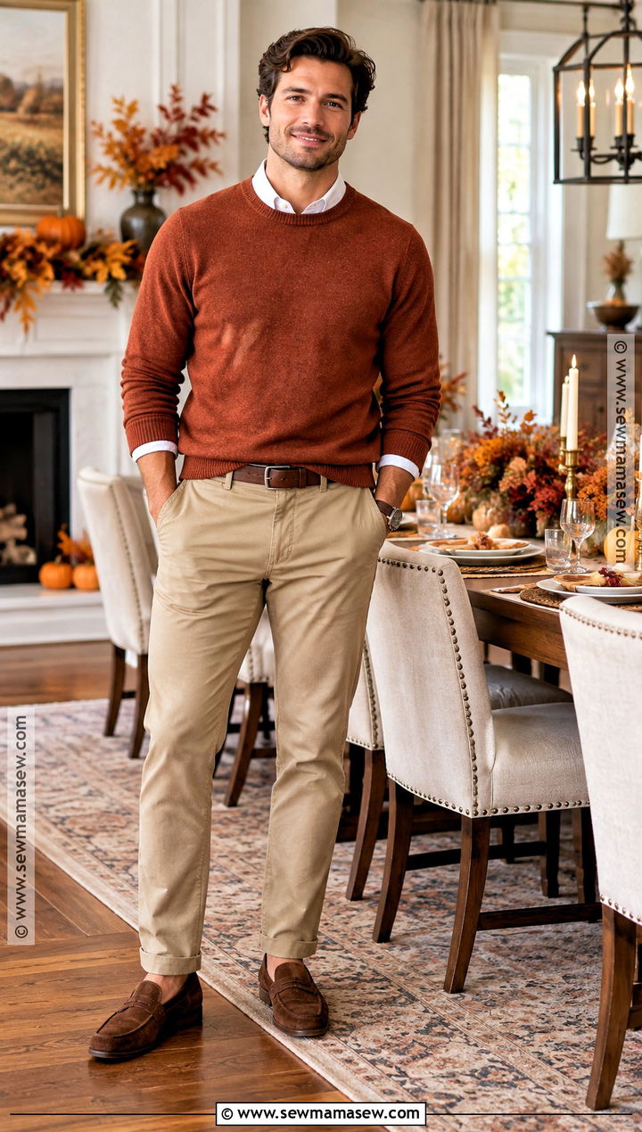 Thanksgiving Crewneck Sweater With Chinos - 15 thanksgiving mens outfit ideas