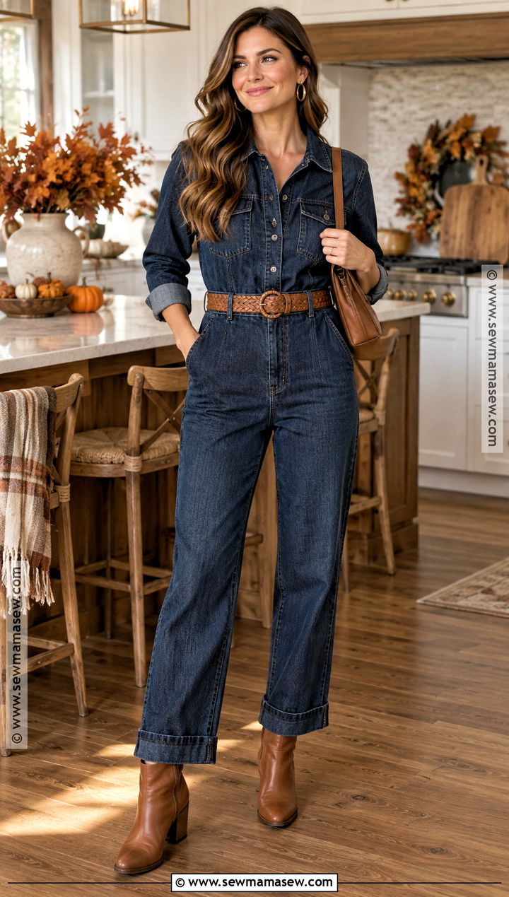 Thanksgiving Dark Denim Jumpsuit With Ankle Boots - 20 Cute Outfits For Thanksgiving