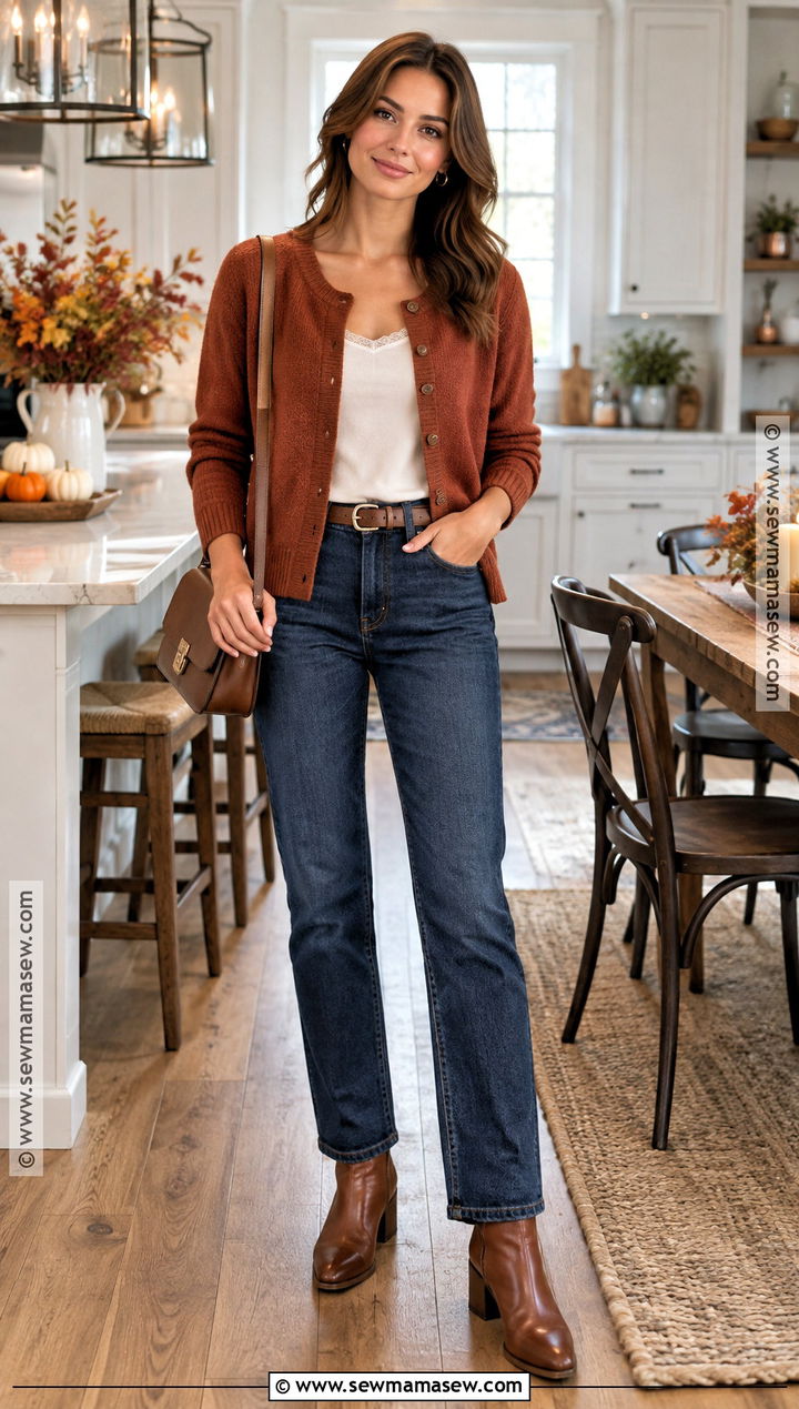 Thanksgiving Dark Jeans With A Cozy Cardigan - 20 Dress For Thanksgiving Ideas
