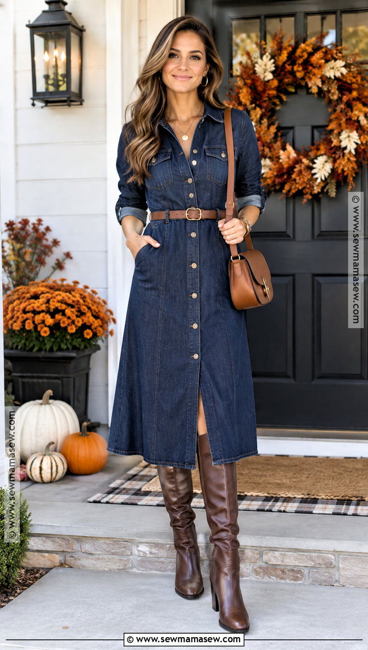 Thanksgiving Denim Dress And Knee High Boots Outfit - 15 cute and comfy thanksgiving outfits