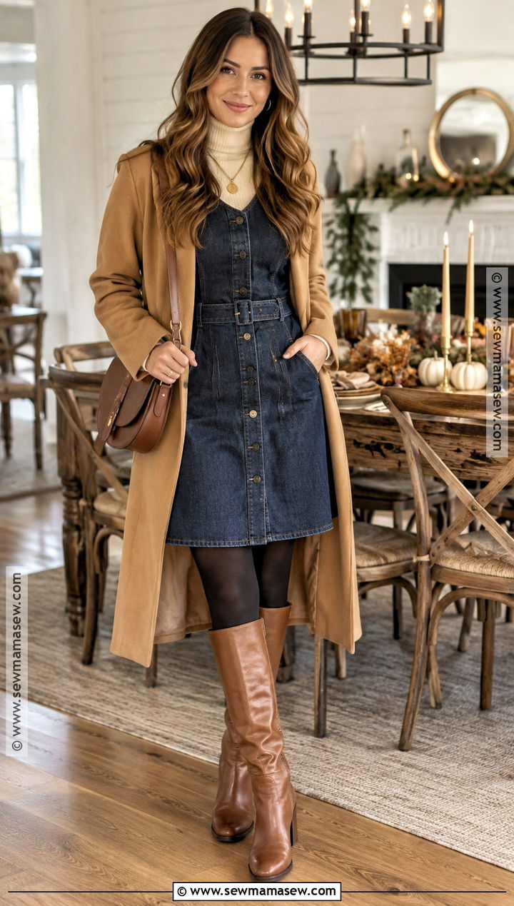 Thanksgiving Denim Dress And Turtleneck Outfit - 20 warm thanksgiving outfit ideas