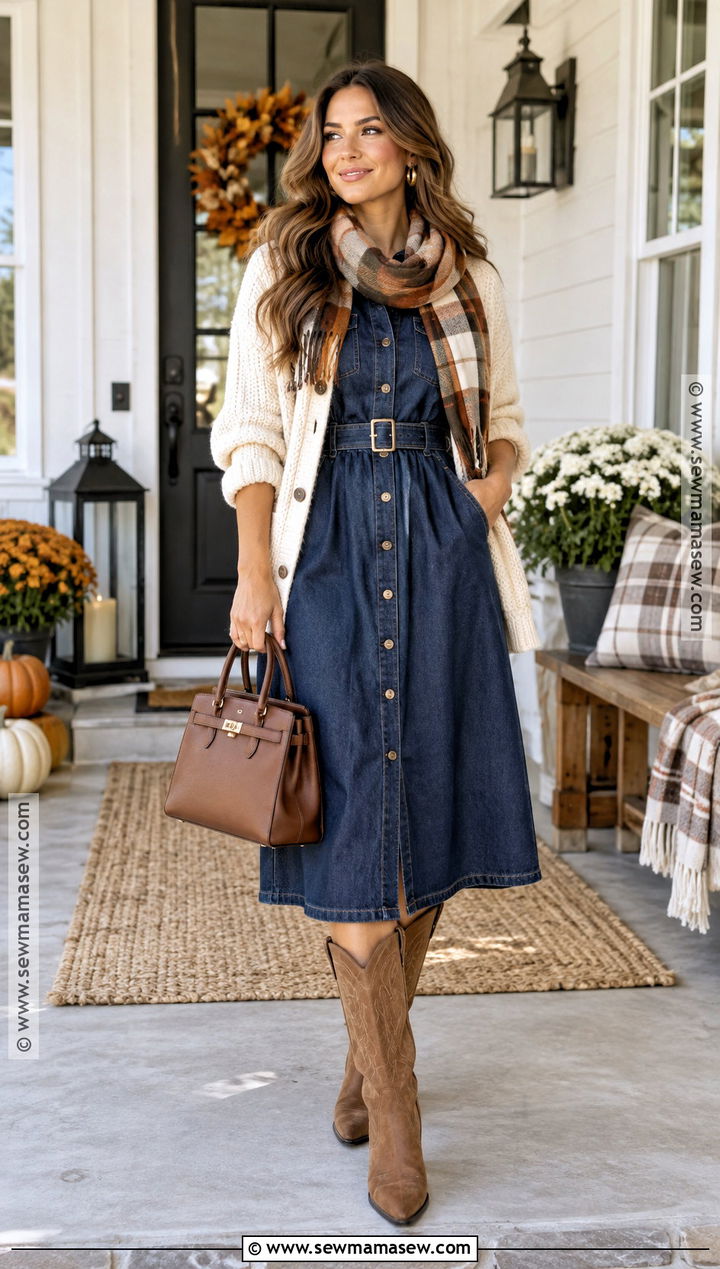 Thanksgiving Denim Dress With Western Boots - 25 thanksgiving outfit dress ideas