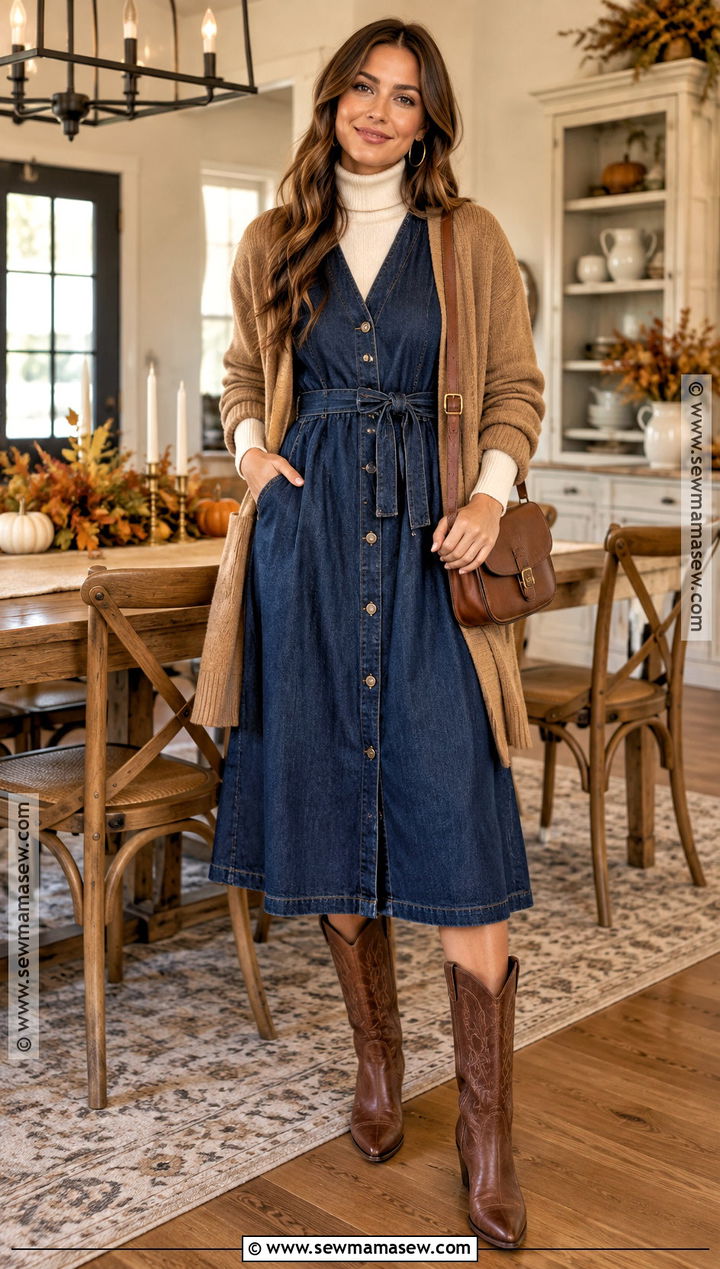Thanksgiving Denim Dress With Western Boots - 15 dress thanksgiving outfit ideas