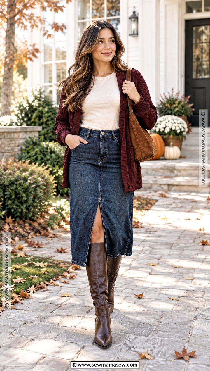 Thanksgiving Denim Midi Skirt And Cardigan Outfit - 20 cute outfit for thanksgiving ideas