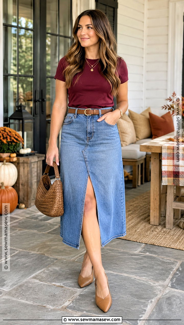 Thanksgiving Denim Midi Skirt And Fitted Tee Outfit - 20 thanksgiving outfit warm weather ideas