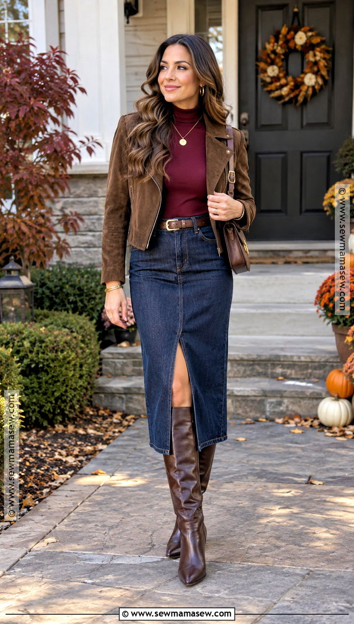 Thanksgiving Denim Midi Skirt And Turtleneck Outfit - 20 Thanksgiving Dinner Outfit Ideas