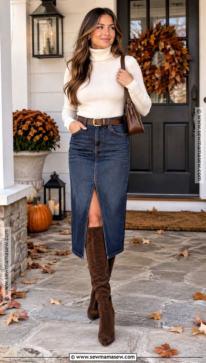 Thanksgiving Denim Midi Skirt With Suede Boots - 15 thanksgiving party outfit ideas for women