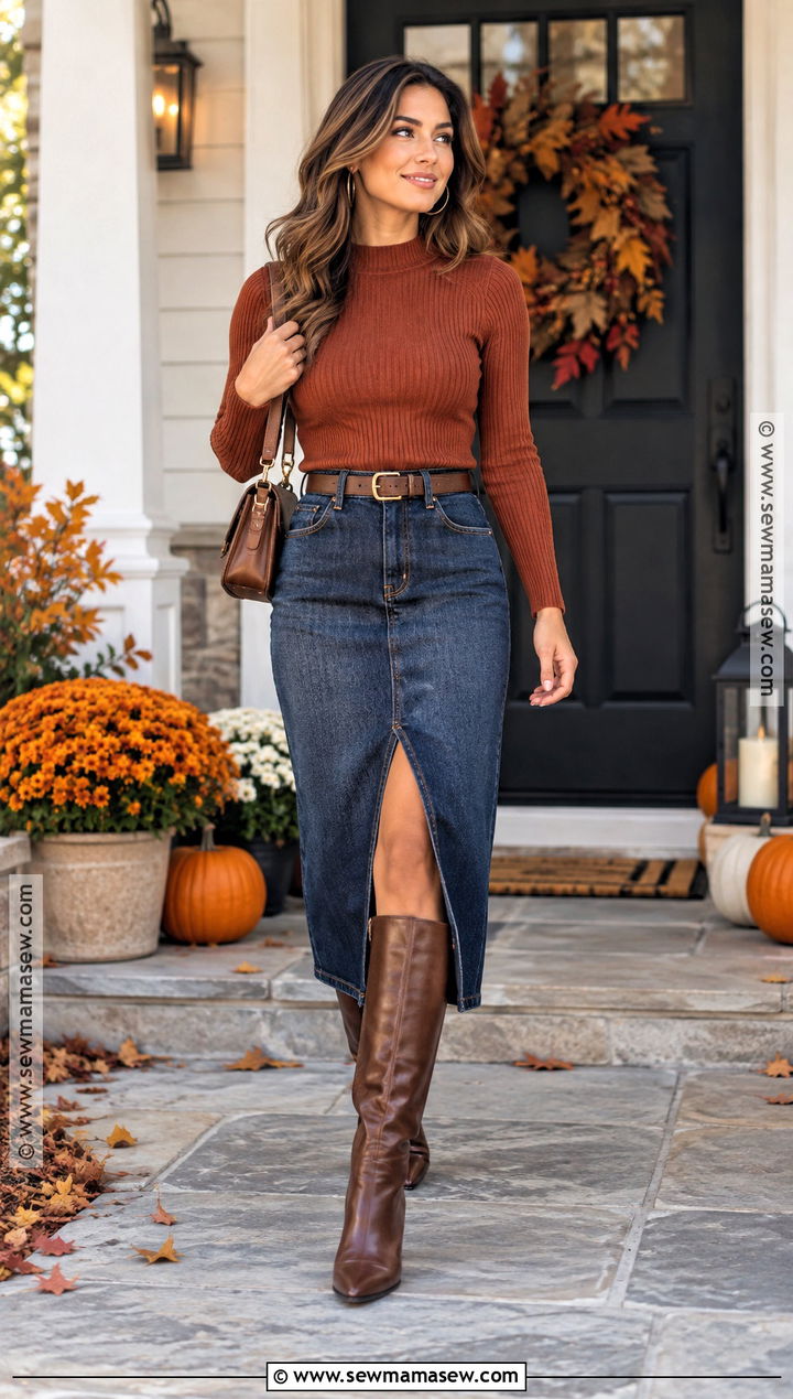 Thanksgiving Denim Midi Skirt With Tall Boots - 20 thanksgiving party outfit ideas