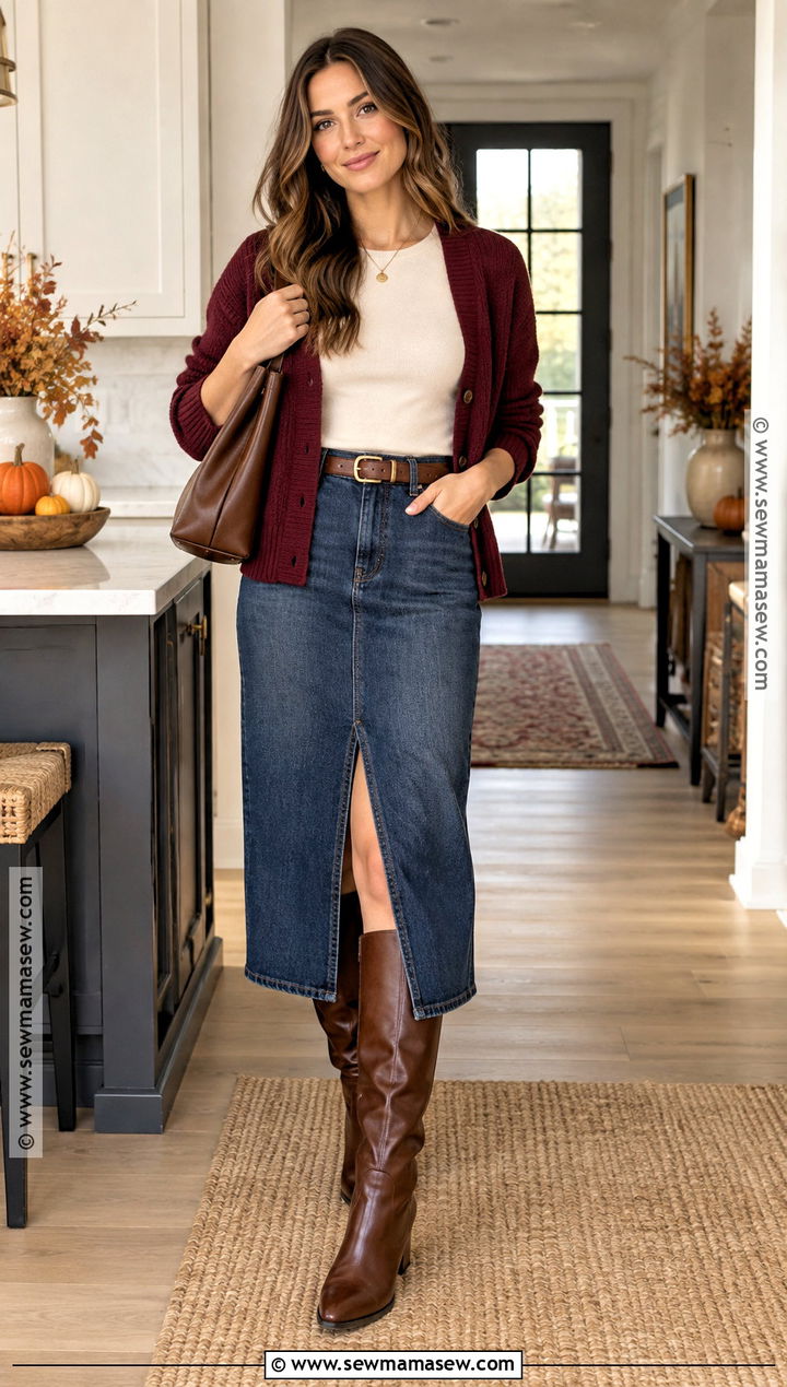 Thanksgiving Denim Midi Skirt and Cardigan Outfit - 30 thanksgiving outfits for women