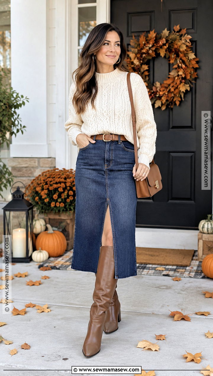 Thanksgiving Denim Midi Skirt and Cream Sweater Outfit - 20 Thanksgiving Casual Outfit Ideas for Women