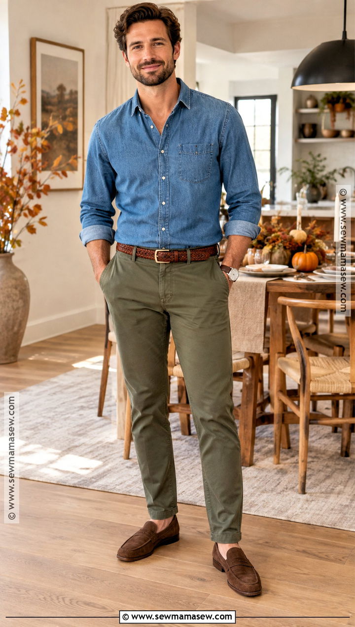 Thanksgiving Denim Shirt And Chinos Outfit - 20 thanksgiving outfit ideas for men