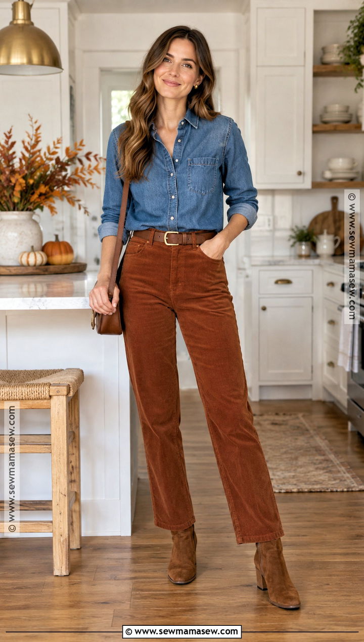 Thanksgiving Denim Shirt And Corduroy Pants Outfit - 25 Simple Thanksgiving Outfits