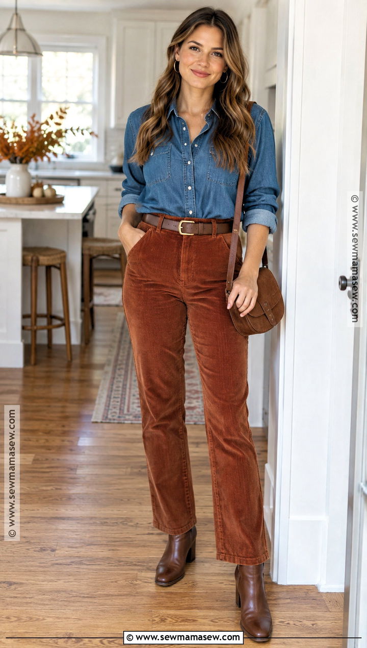 Thanksgiving Denim Shirt And Corduroy Pants Outfit - 20 Outfit For Thanksgiving Ideas