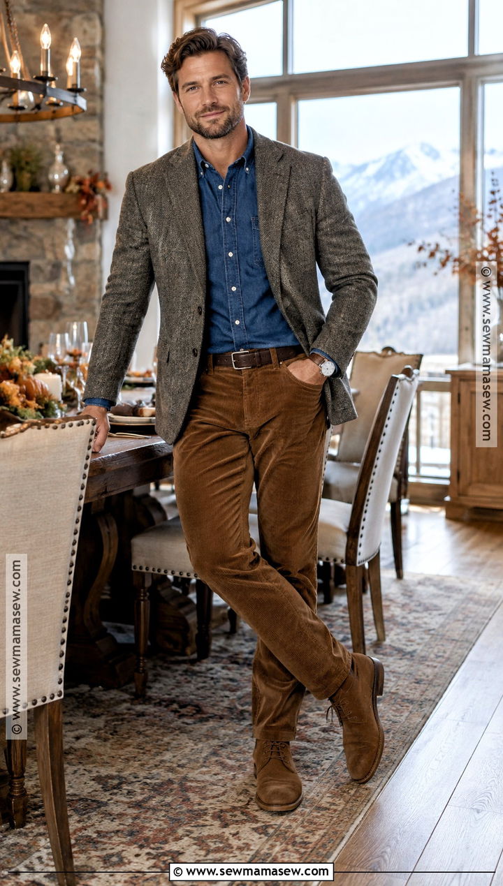 Thanksgiving Denim Shirt Outfit With Corduroy Pants - 15 Thanksgiving Outfit Men Fall Ideas