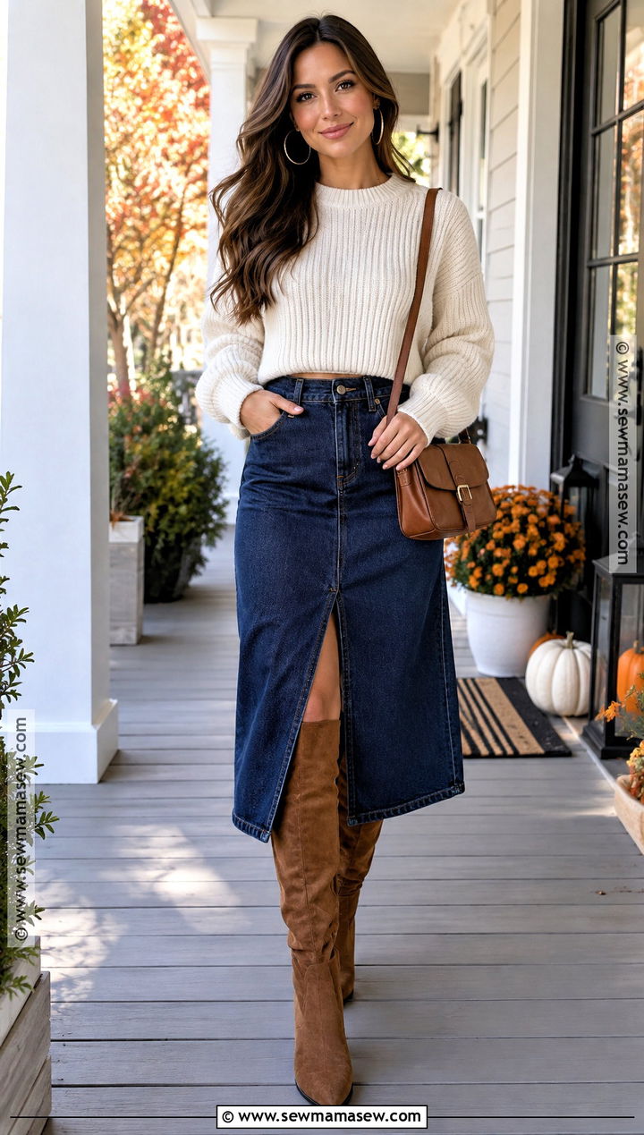Thanksgiving Denim Skirt And Suede Boots Outfit - 20 thanksgiving fashion ideas