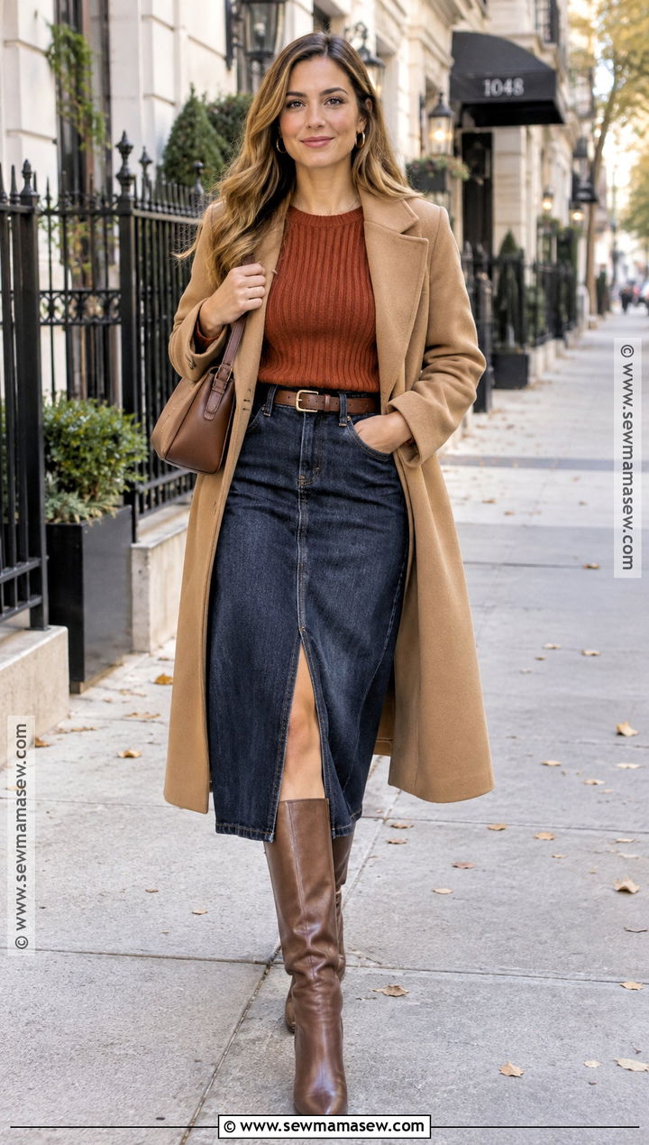 Thanksgiving Denim Skirt And Tall Boots Outfit - 20 Outfit For Thanksgiving Dinner Ideas