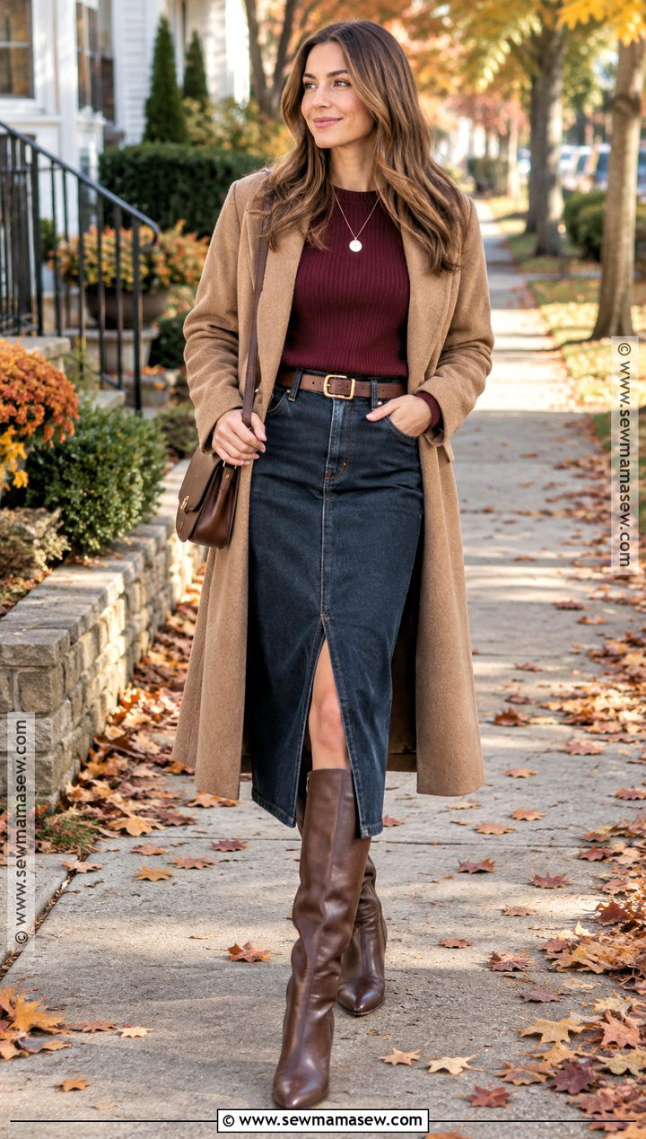 Thanksgiving Denim Skirt Outfit With Tall Boots - 15 Outfit Ideas For Thanksgiving Day