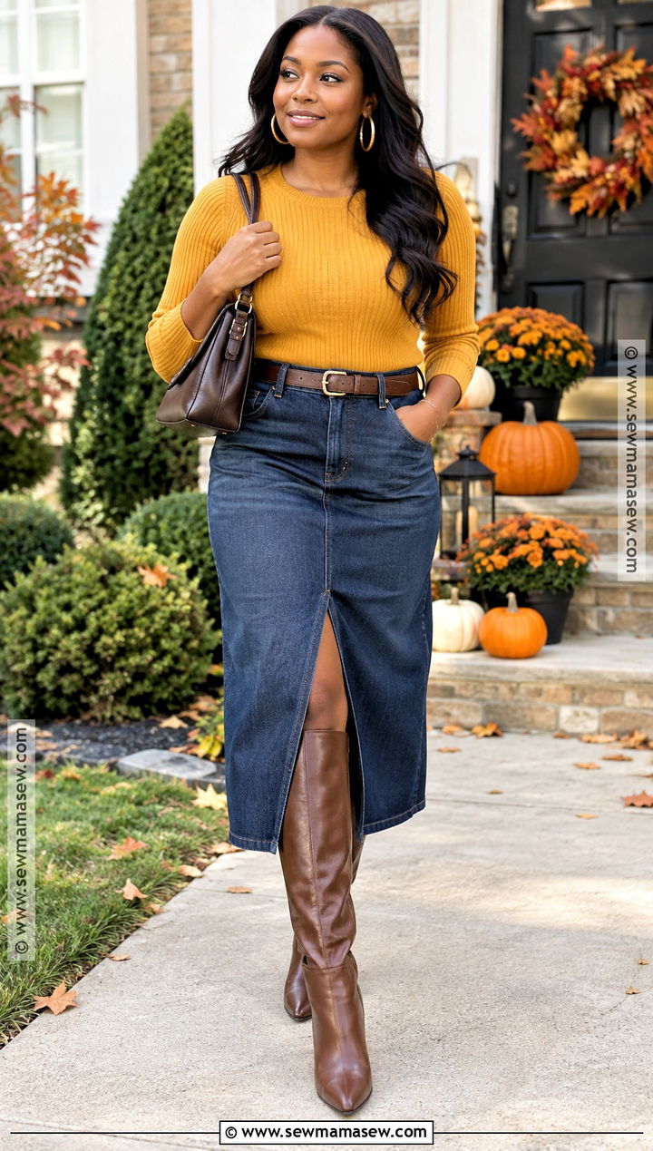 Thanksgiving Denim Skirt and Tall Boots Outfit - 25 thanksgiving outfit ideas for black women