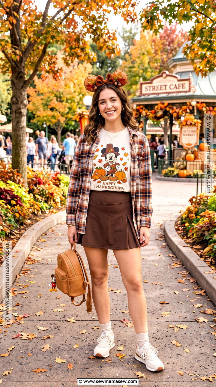 Thanksgiving Disney T Shirt And Brown Skort Outfit - 20 Disney November Outfits
