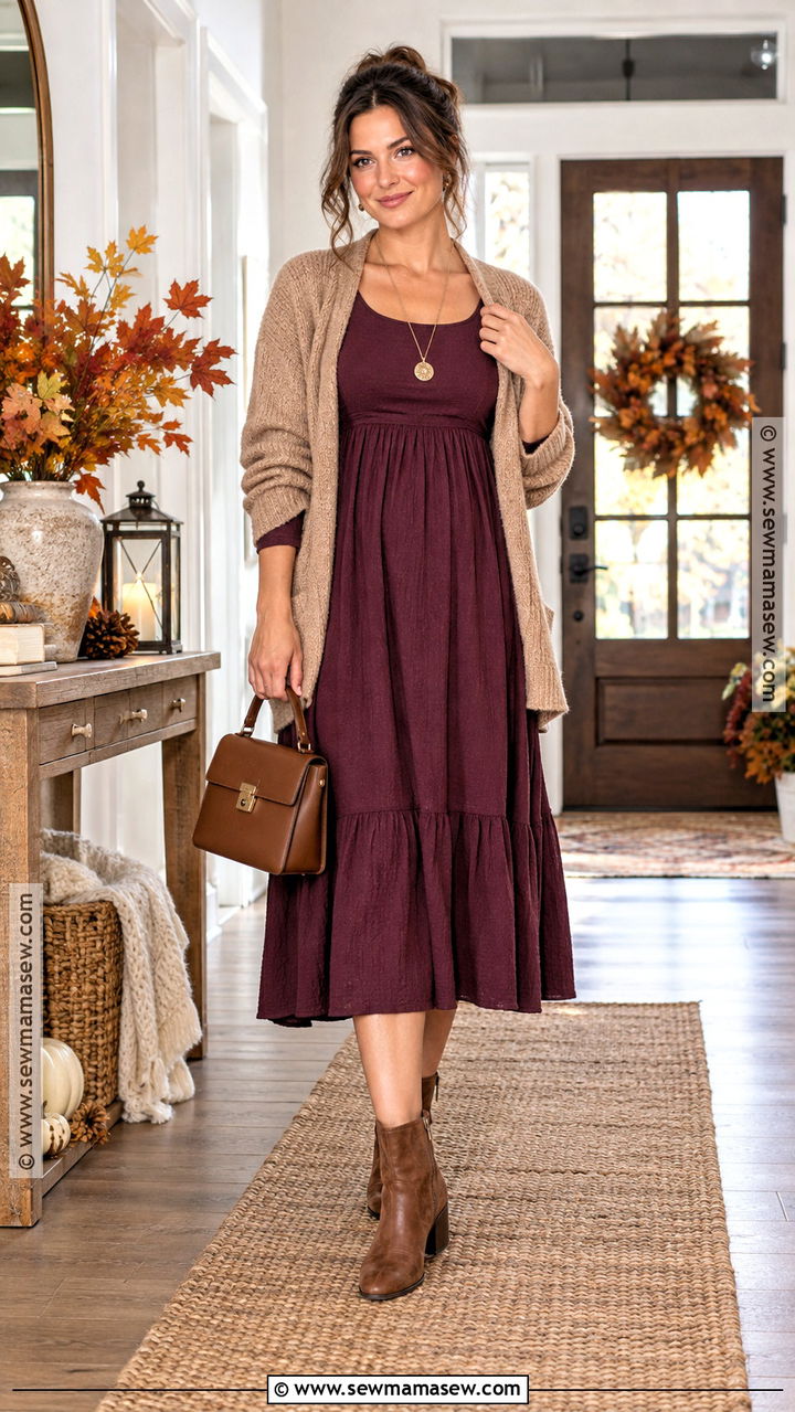 Thanksgiving Empire Waist Dress With Ankle Boots - 20 Comfortable Thanksgiving Outfits for Women