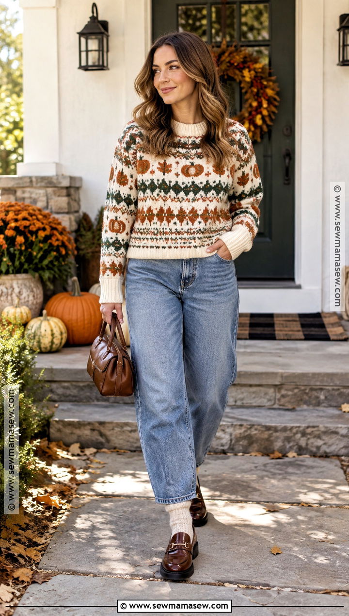 Thanksgiving Fair Isle Sweater And Barrel Jeans Outfit - 20 Thanksgiving Outfits Jeans