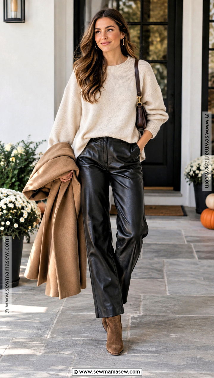 Thanksgiving Faux Leather Pants With Oversized Sweater - 15 thanksgiving party outfit ideas for women