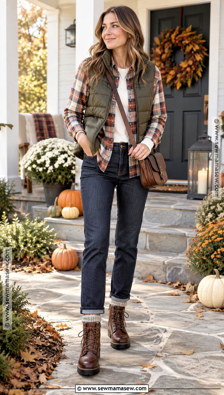 Thanksgiving Flannel Shirt And Puffer Vest Outfit - 25 cozy thanksgiving outfit ideas
