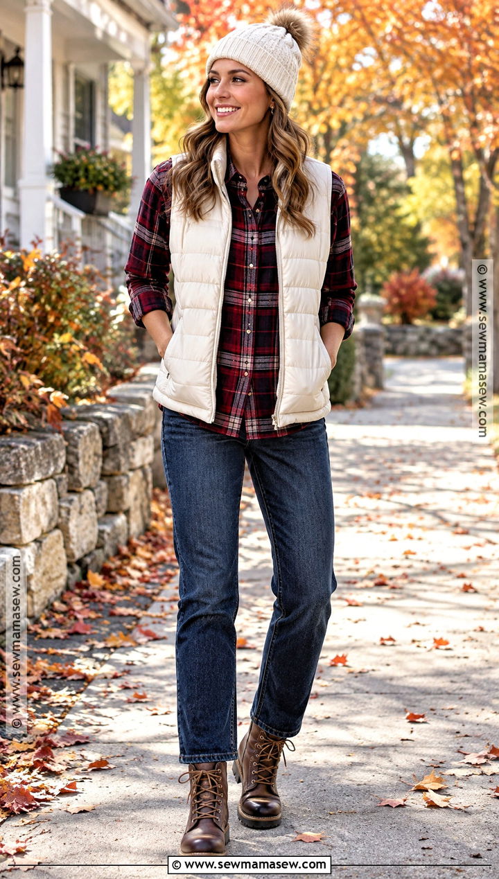 Thanksgiving Flannel Shirt And Puffer Vest Outfit - 20 warm thanksgiving outfit ideas