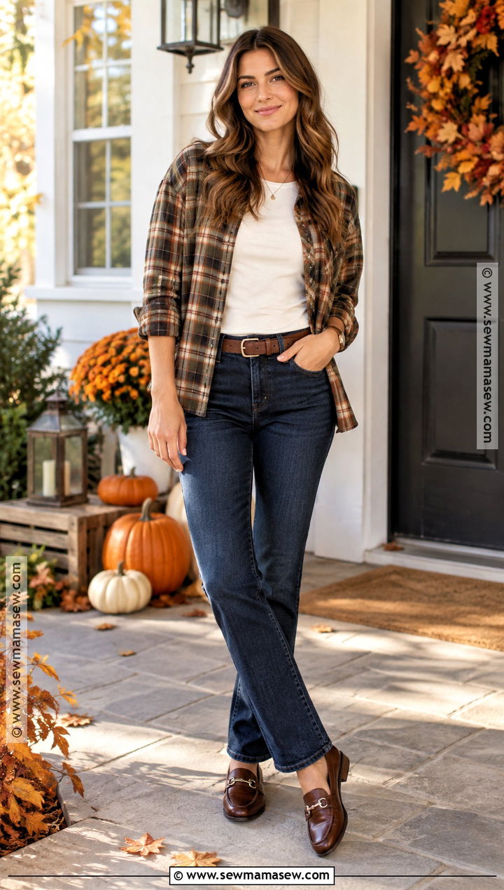 Thanksgiving Flannel Shirt And Straight Leg Jeans Outfit - 15 cute and comfy thanksgiving outfits