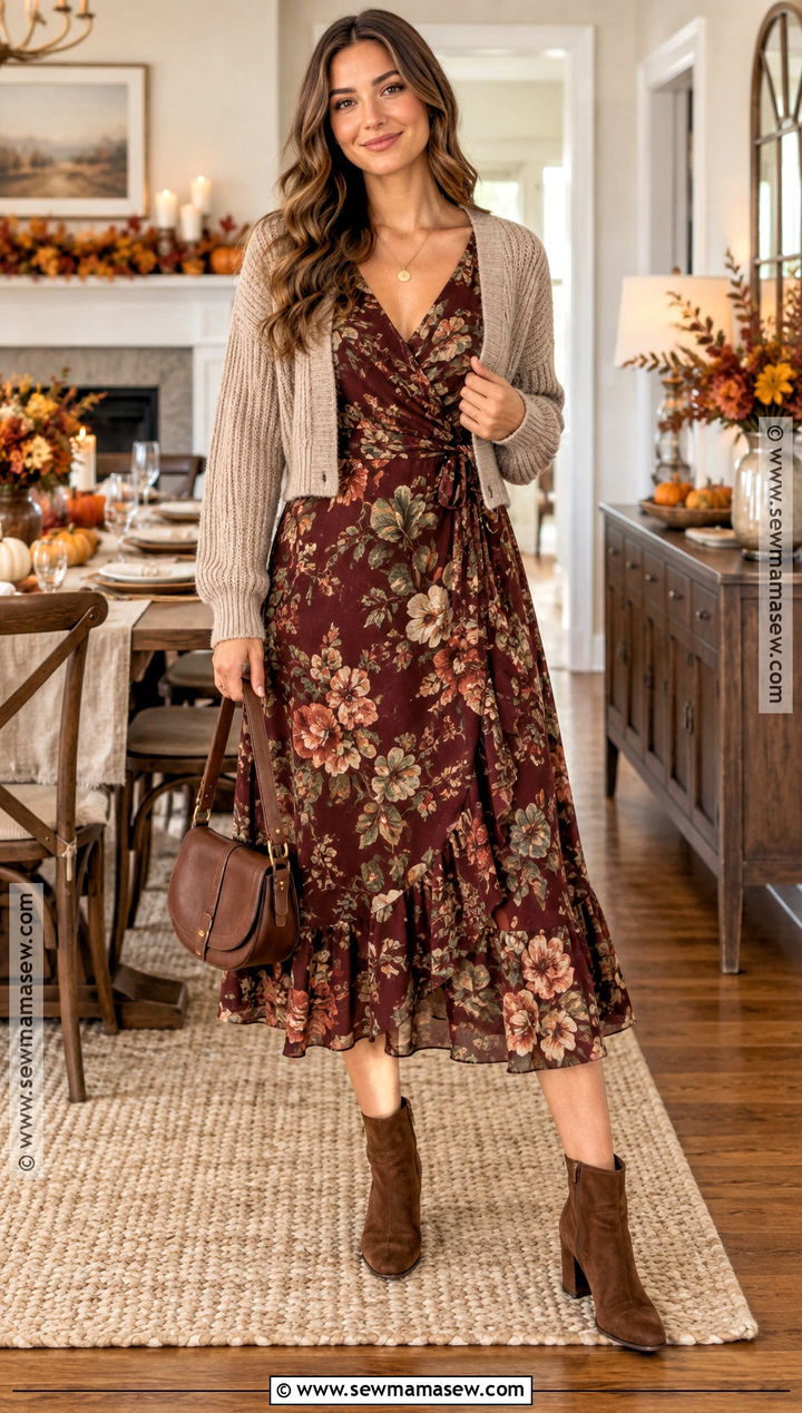 Thanksgiving Floral Midi Dress And Ankle Boots Outfit - 20 Outfit For Thanksgiving Ideas