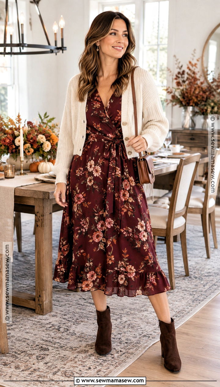 Thanksgiving Floral Midi Dress And Ankle Boots Outfit - 25 outfits for thanksgiving