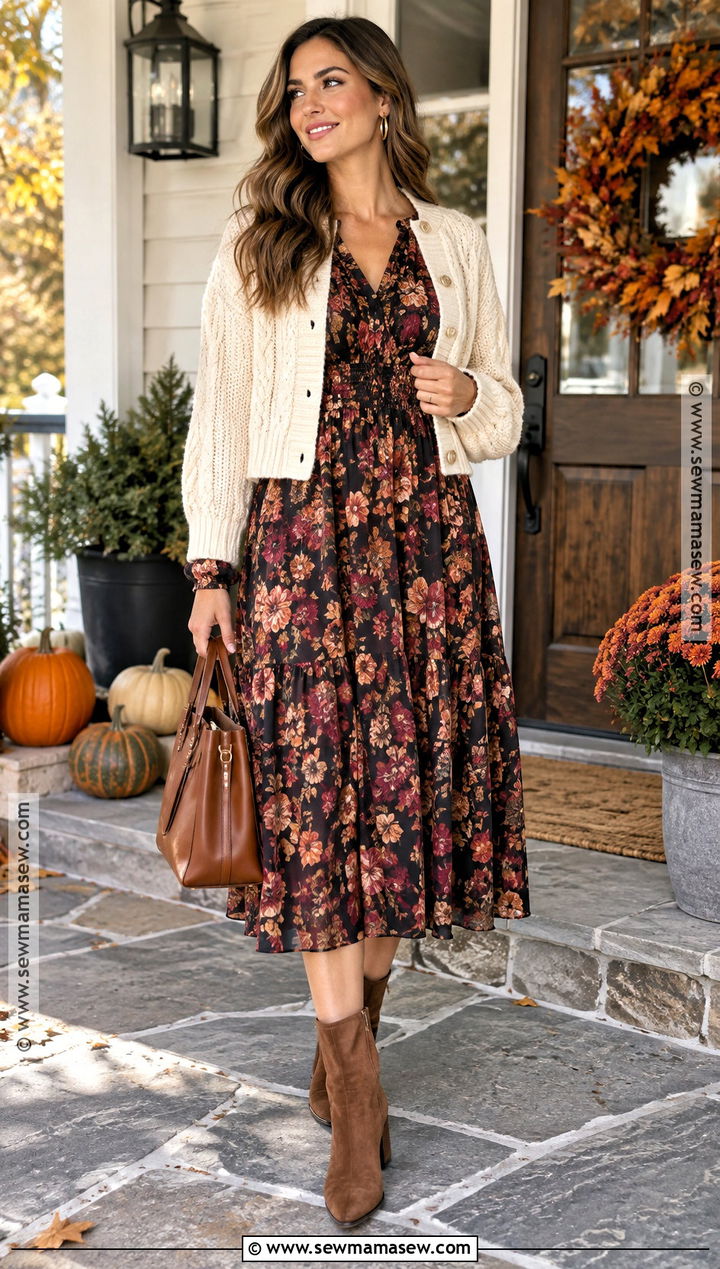 Thanksgiving Floral Midi Dress And Ankle Boots Outfit - 25 Trendy Thanksgiving Outfits