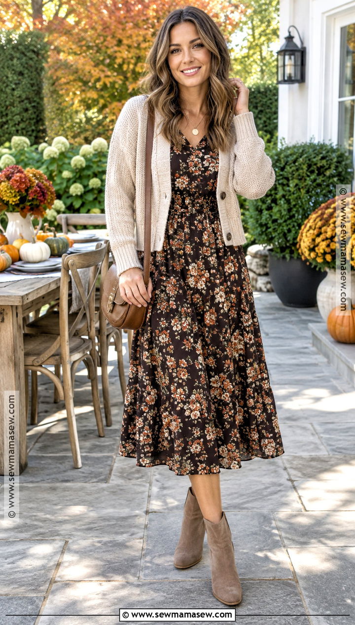 Thanksgiving Floral Midi Dress And Ankle Boots Outfit - 20 Outfit For Thanksgiving Dinner Ideas