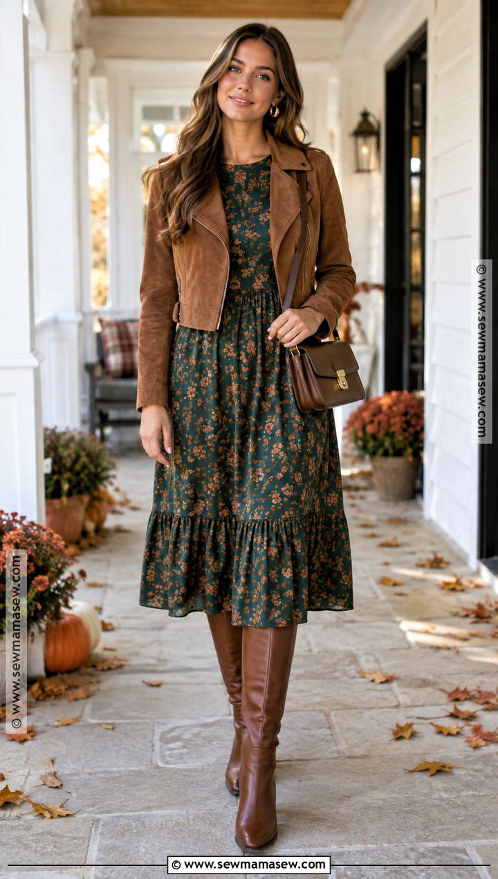 Thanksgiving Floral Midi Dress And Boots Outfit - 25 thanksgiving outfit ideas