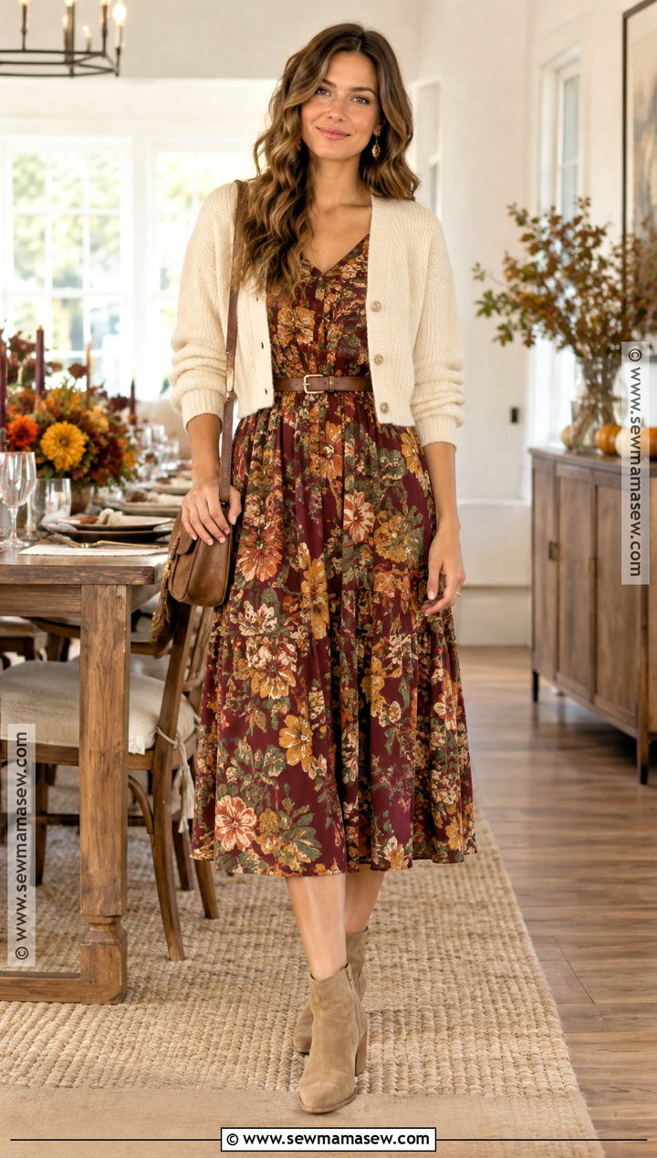 Thanksgiving Floral Midi Dress And Cardigan Outfit - 20 cute thanksgiving outfits for women